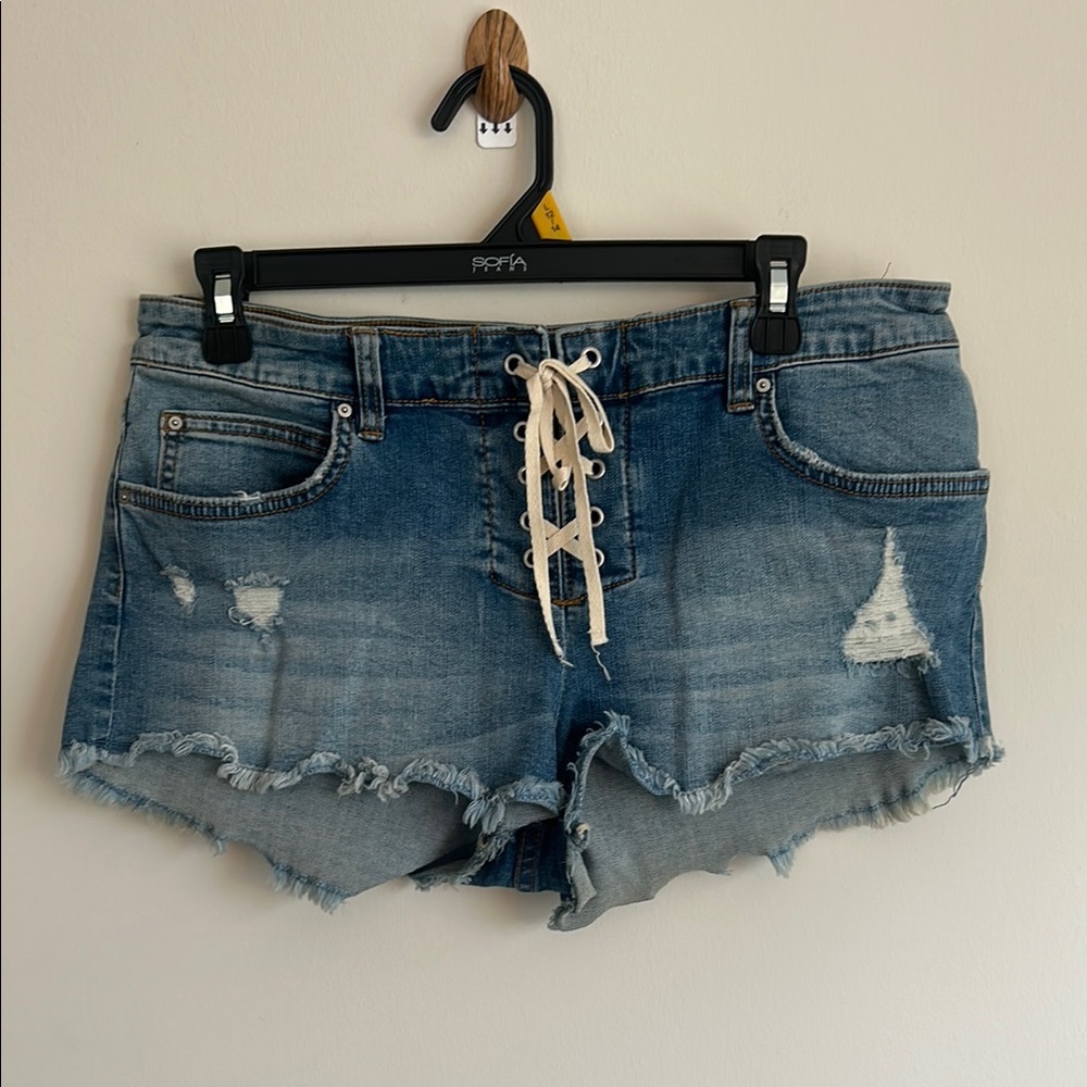 Billabong Blue Jean Shorts with Distressed Hem and Lace-Up Front